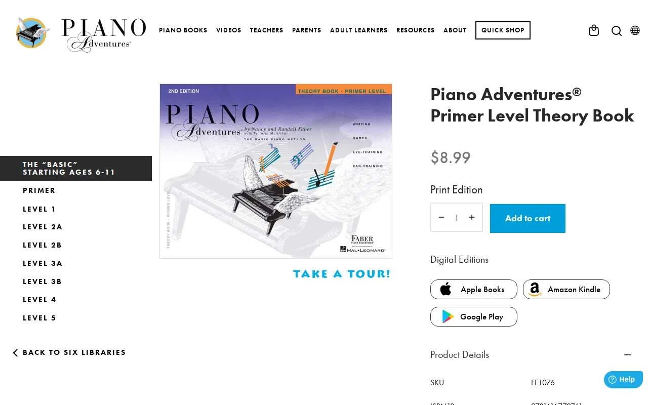 Screenshot of the Faber Piano Adventures Primer Level Theory Book 2nd Edition website