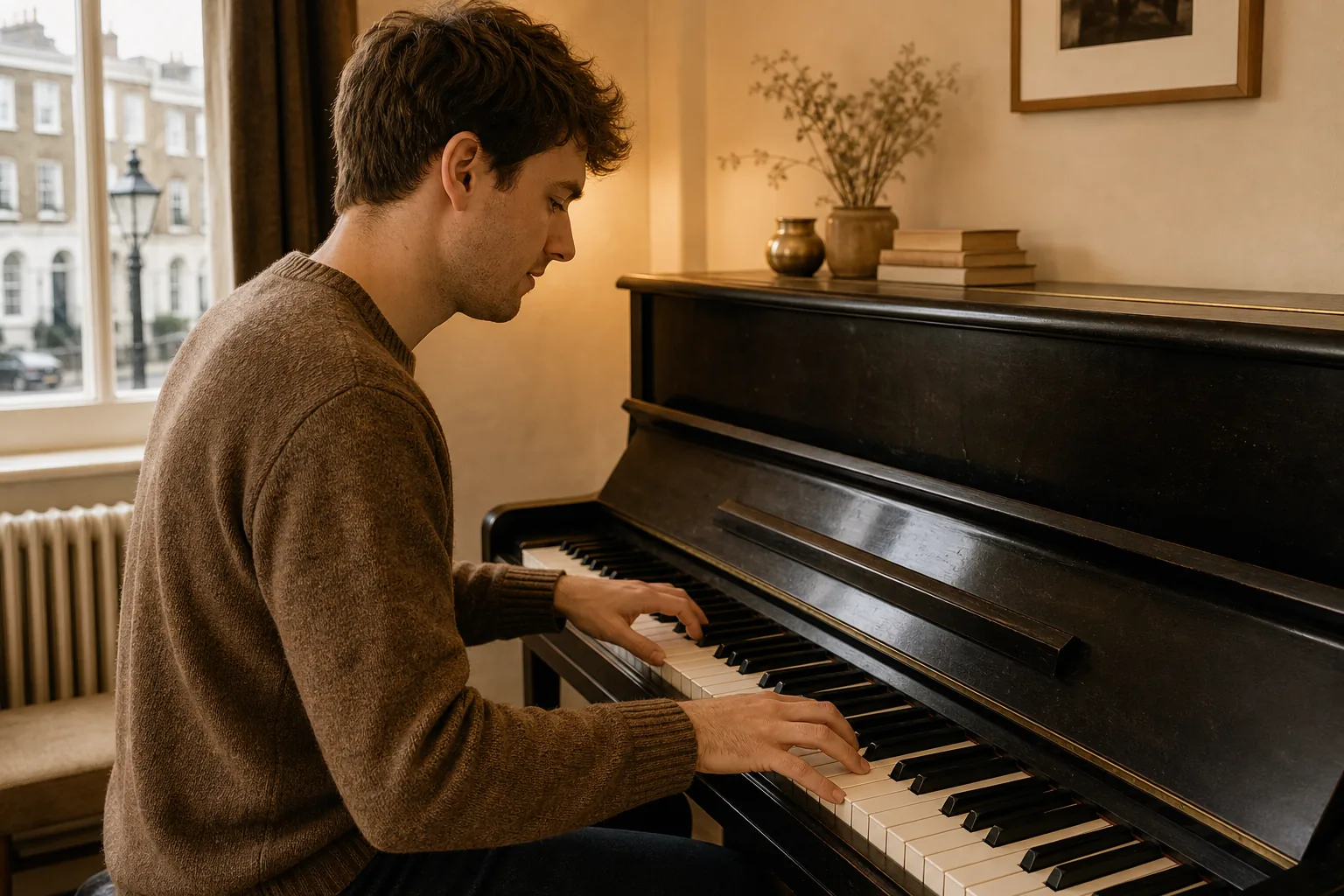 An adult playing a dark upright piano.