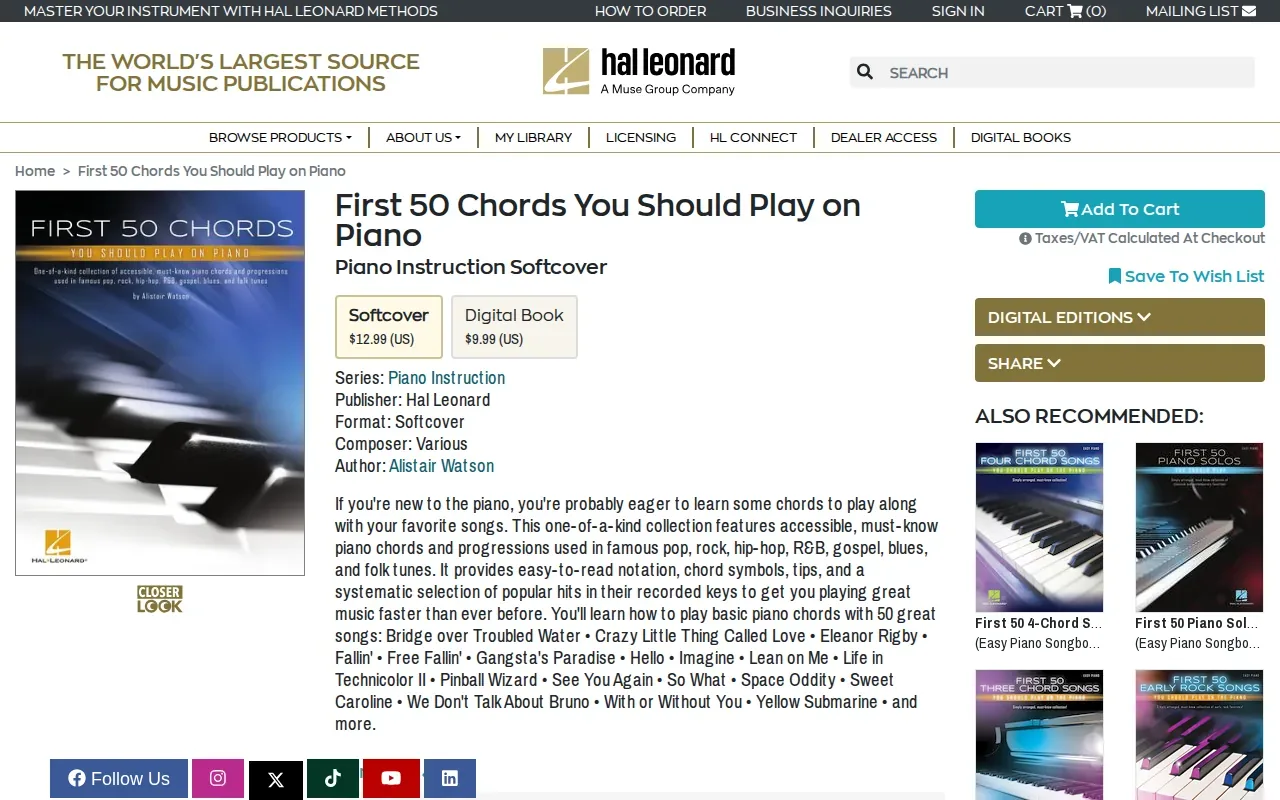 Screenshot of the First 50 Chords You Should Play on Piano by Hal Leonard website