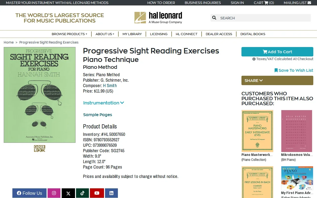 Screenshot of the Progressive Sight Reading Exercises by Hal Leonard: Short website
