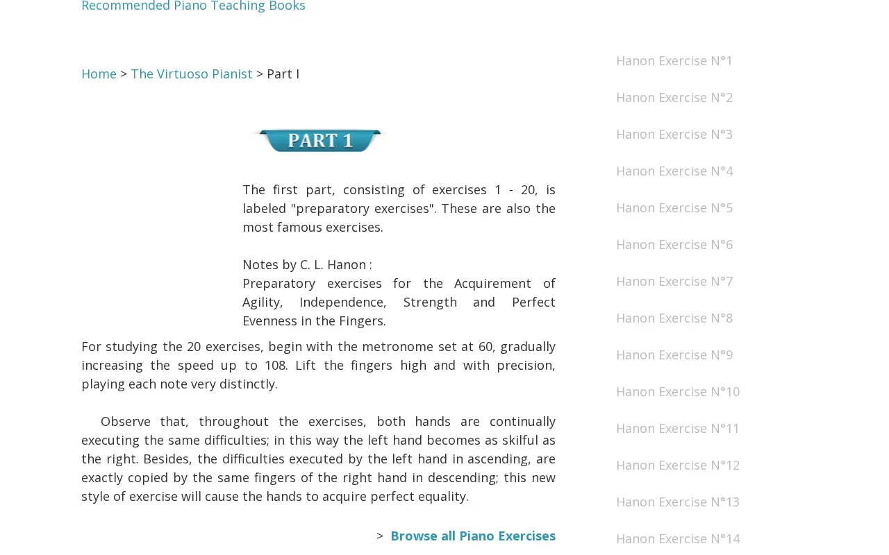 Hanon Online Part I page showing preparatory exercises and historical practice instructions