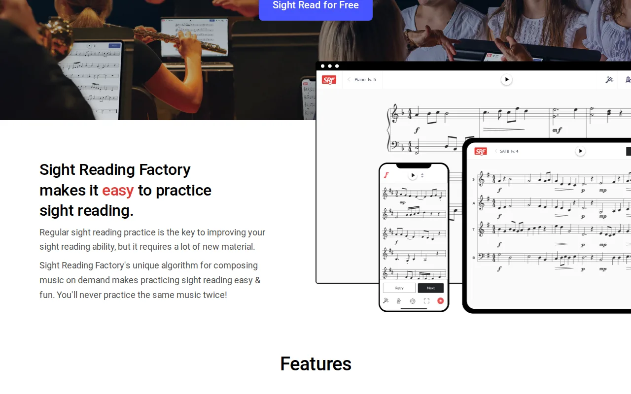 Sight Reading Factory's homepage showing its sight-reading description and notation displayed on several devices