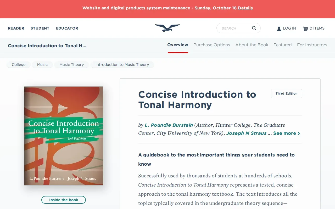 Screenshot of the Concise Introduction to Tonal Harmony Third Edition by W. W. Norton & Company website