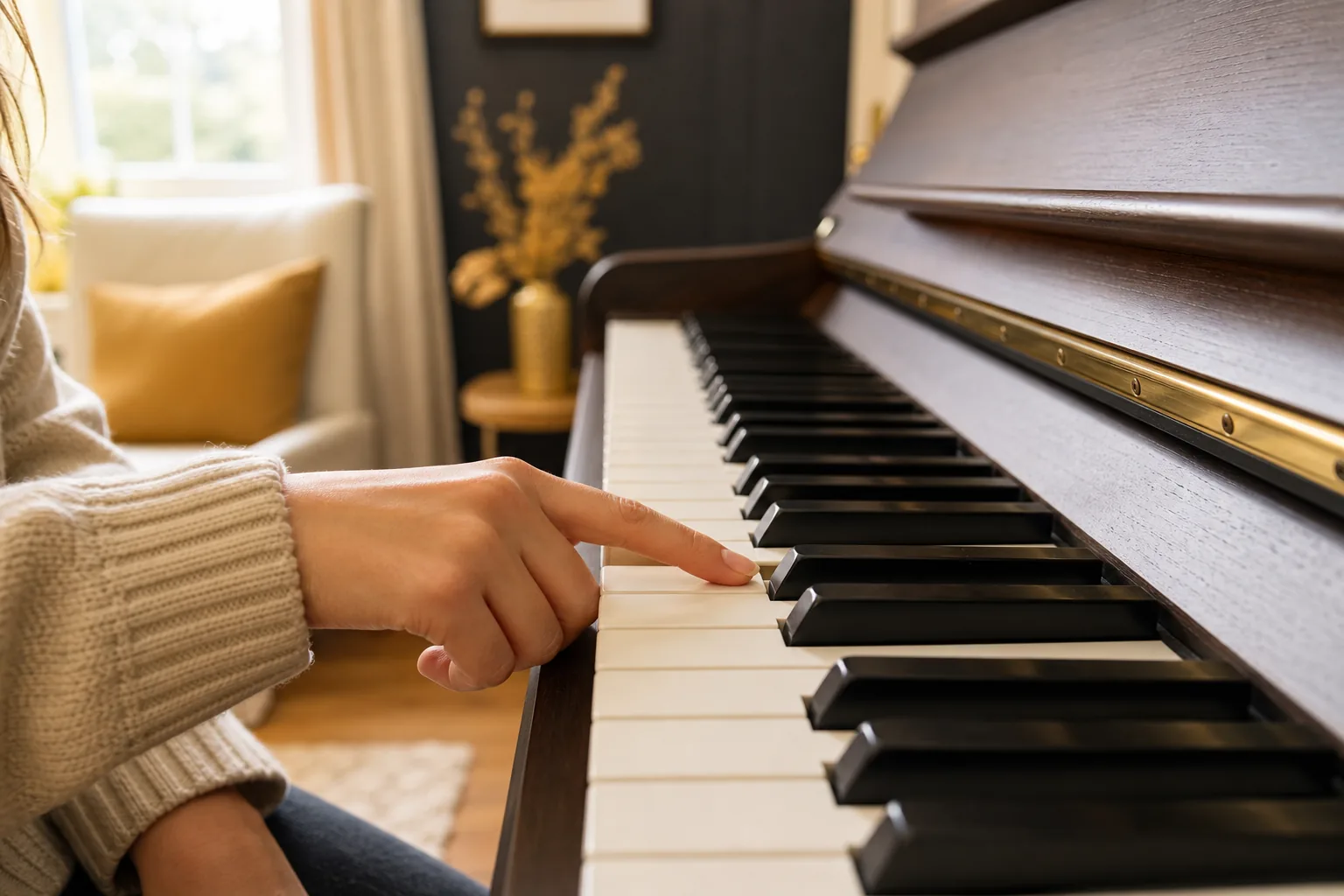 An index finger touching a white piano key