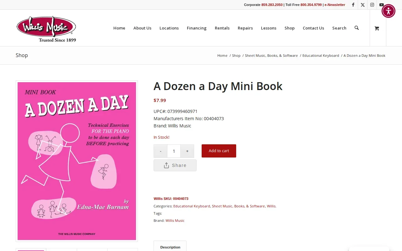 Willis Music product page showing the pink A Dozen a Day Mini Book cover