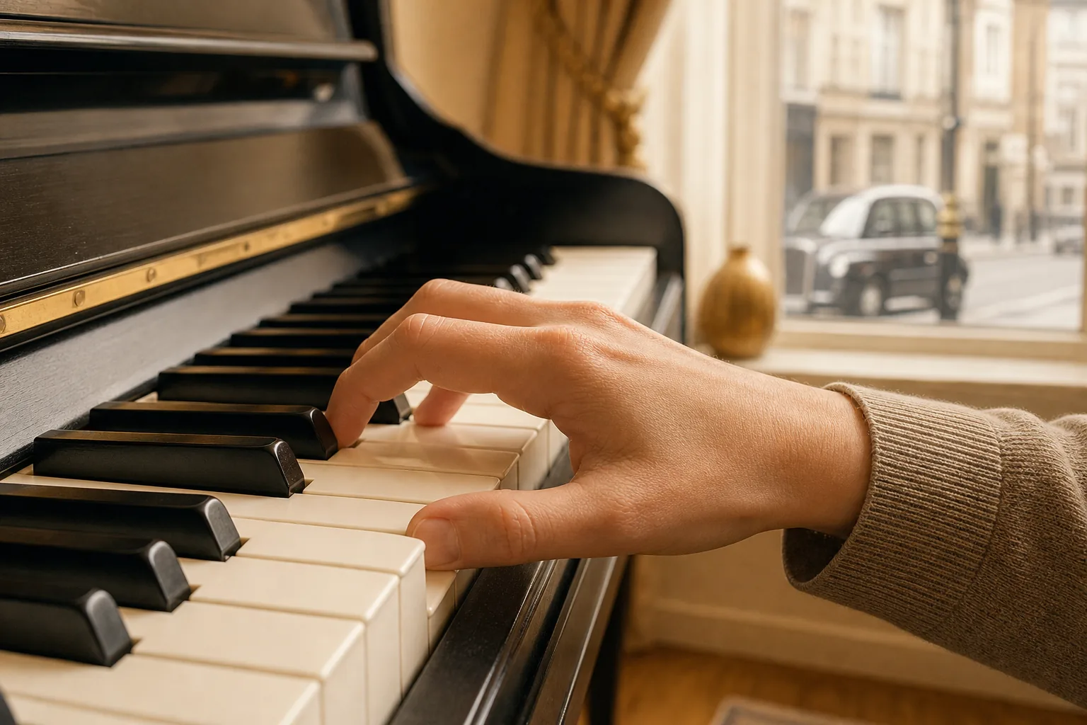 A right hand resting across piano keys