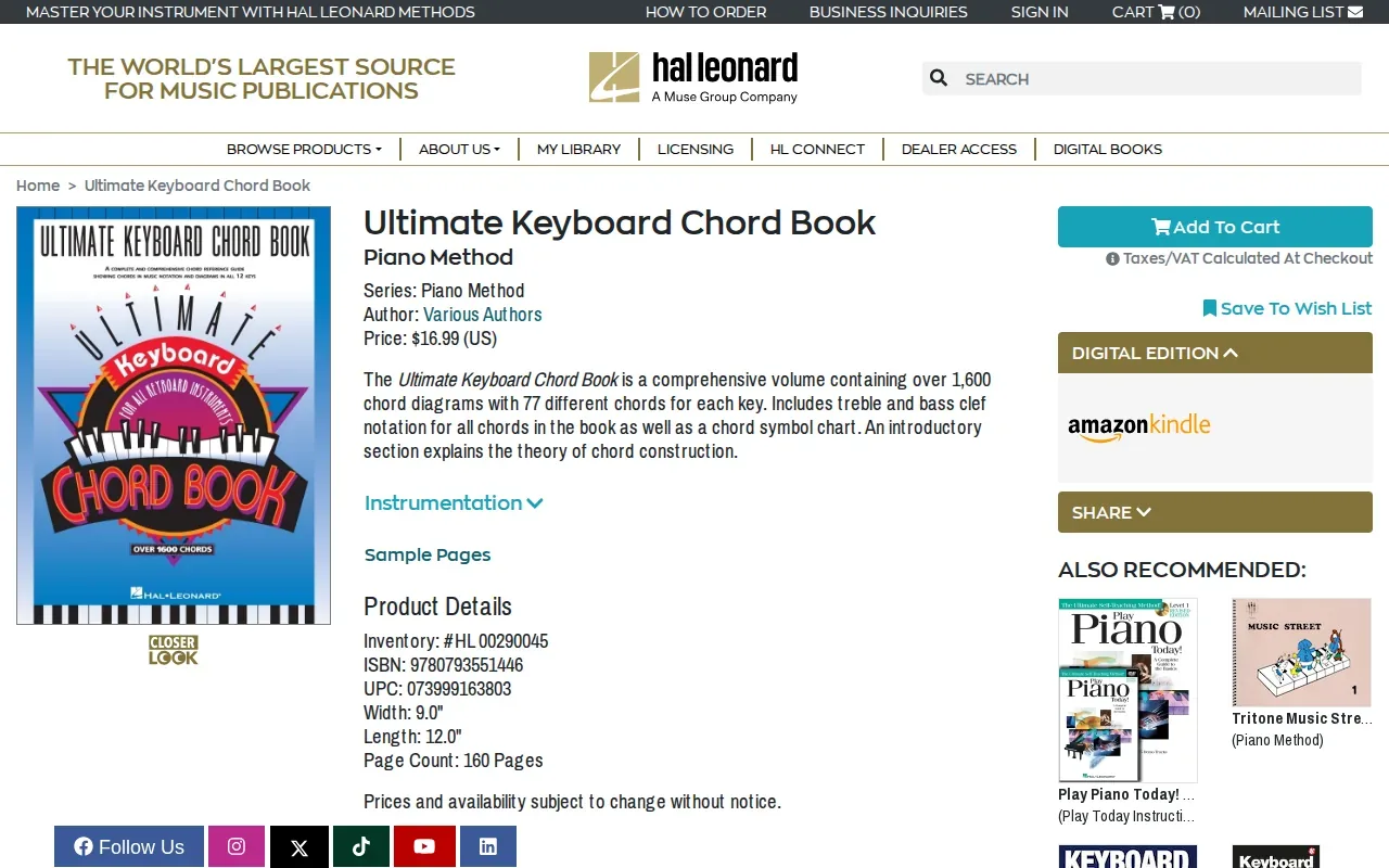 Screenshot of the Ultimate Keyboard Chord Book by Hal Leonard website