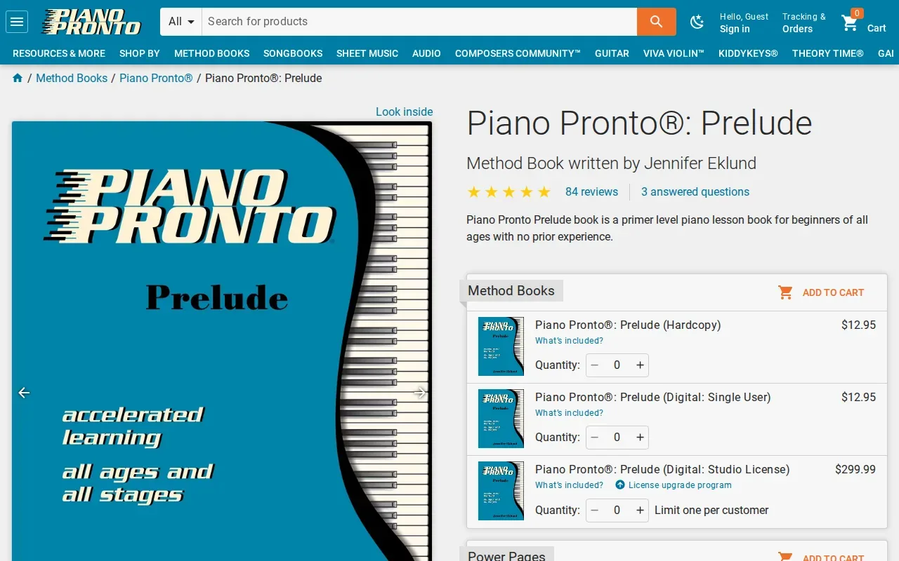 Screenshot of the Prelude by Piano Pronto website