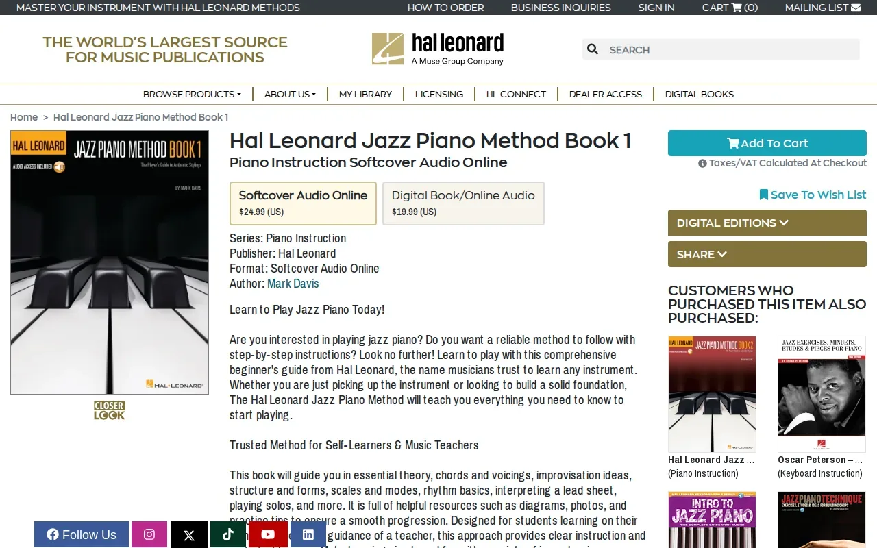 Screenshot of the The Jazz Piano Method by Hal Leonard website