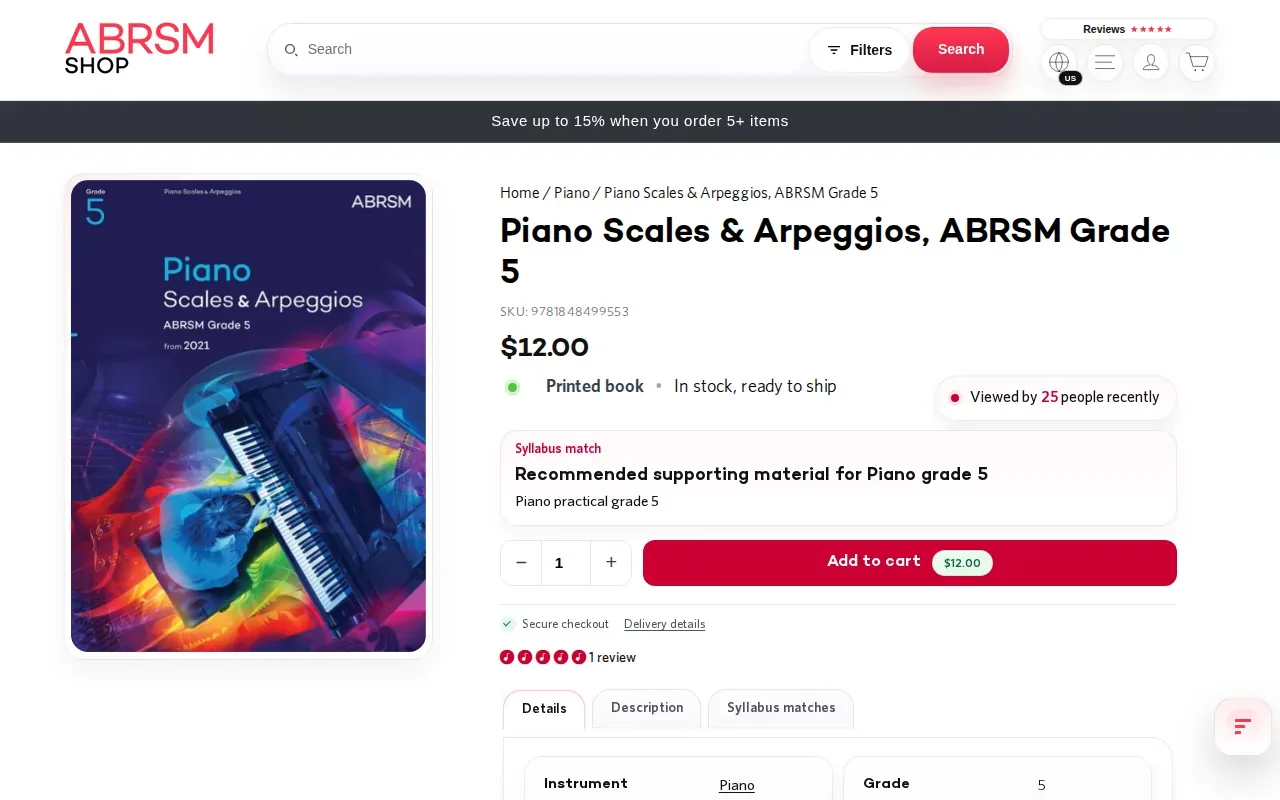 ABRSM shop page showing the Grade 5 Piano Scales and Arpeggios book from 2021
