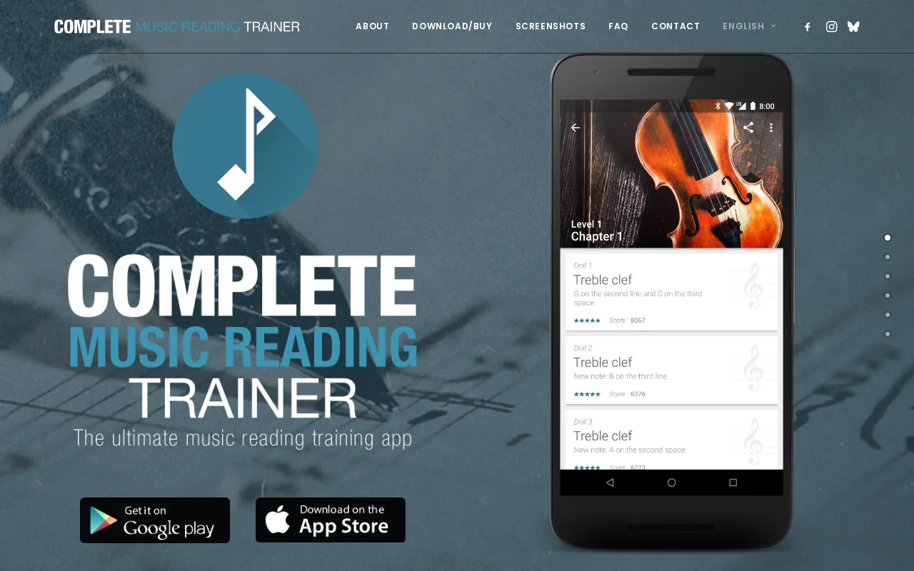 Complete Music Reading Trainer's homepage showing its app name and a phone displaying treble-clef drills