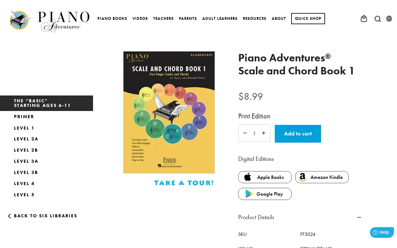 Screenshot of the Piano Adventures Scale and Chord Book 1 website