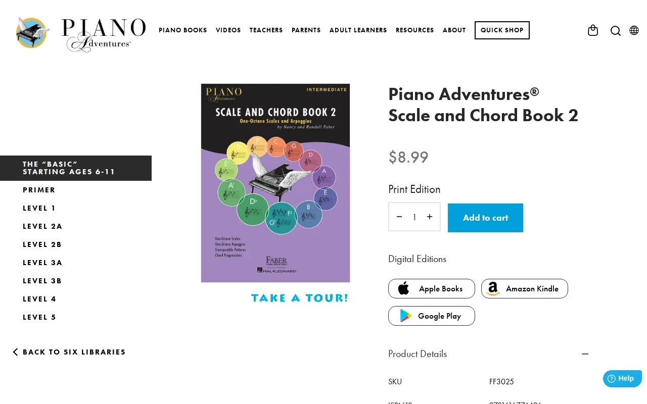 Screenshot of the Piano Adventures Scale and Chord Book 2 website