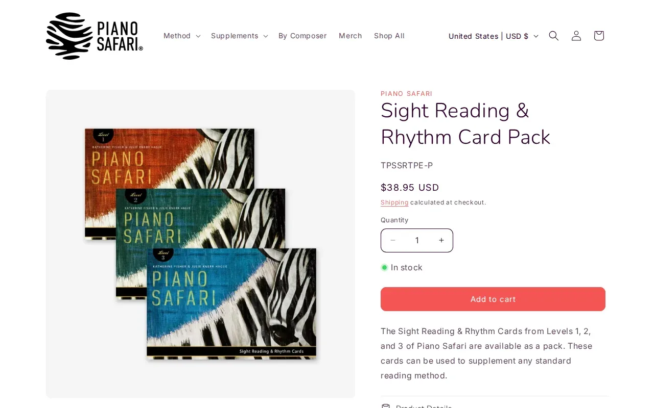 Screenshot of the Sight Reading & Rhythm Cards by Piano Safari website