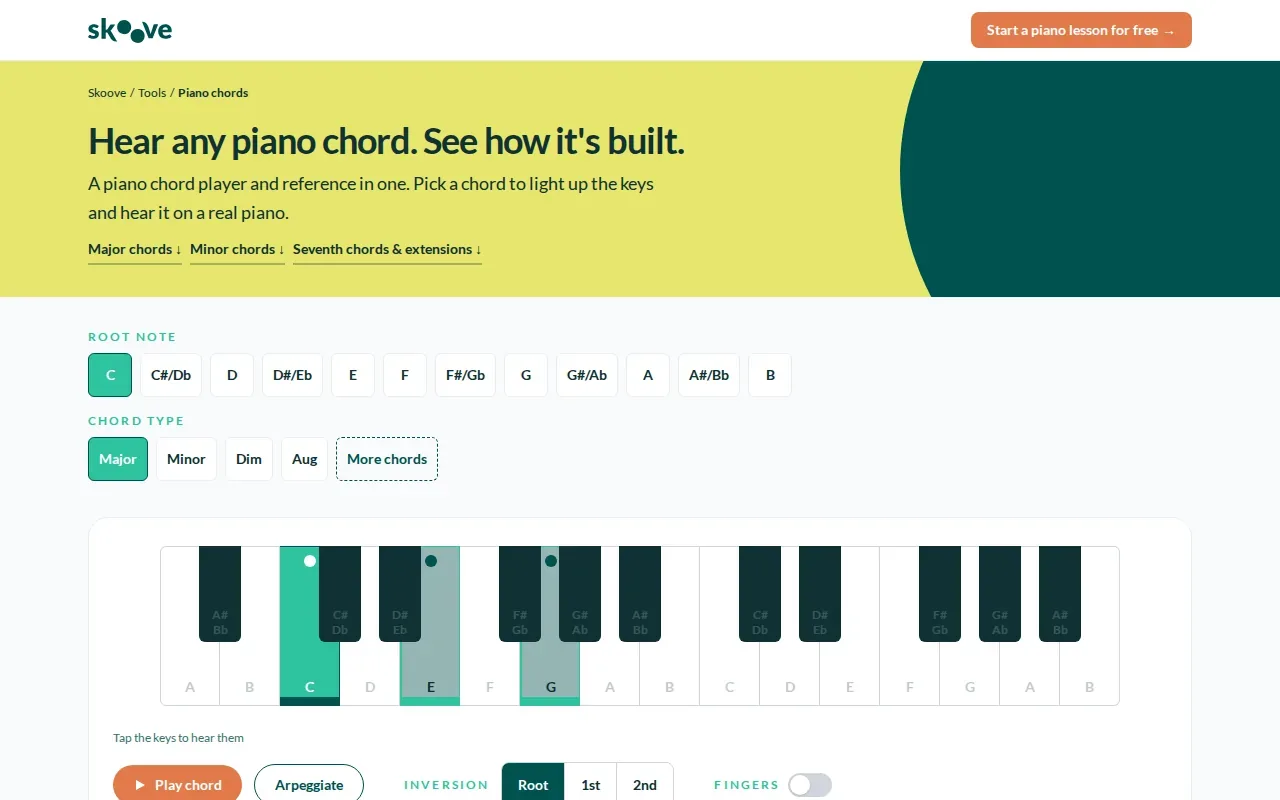 Screenshot of the Skoove chord chart website