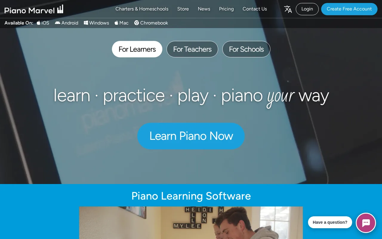 Piano Marvel's public homepage showing learner, teacher and school options and supported platforms
