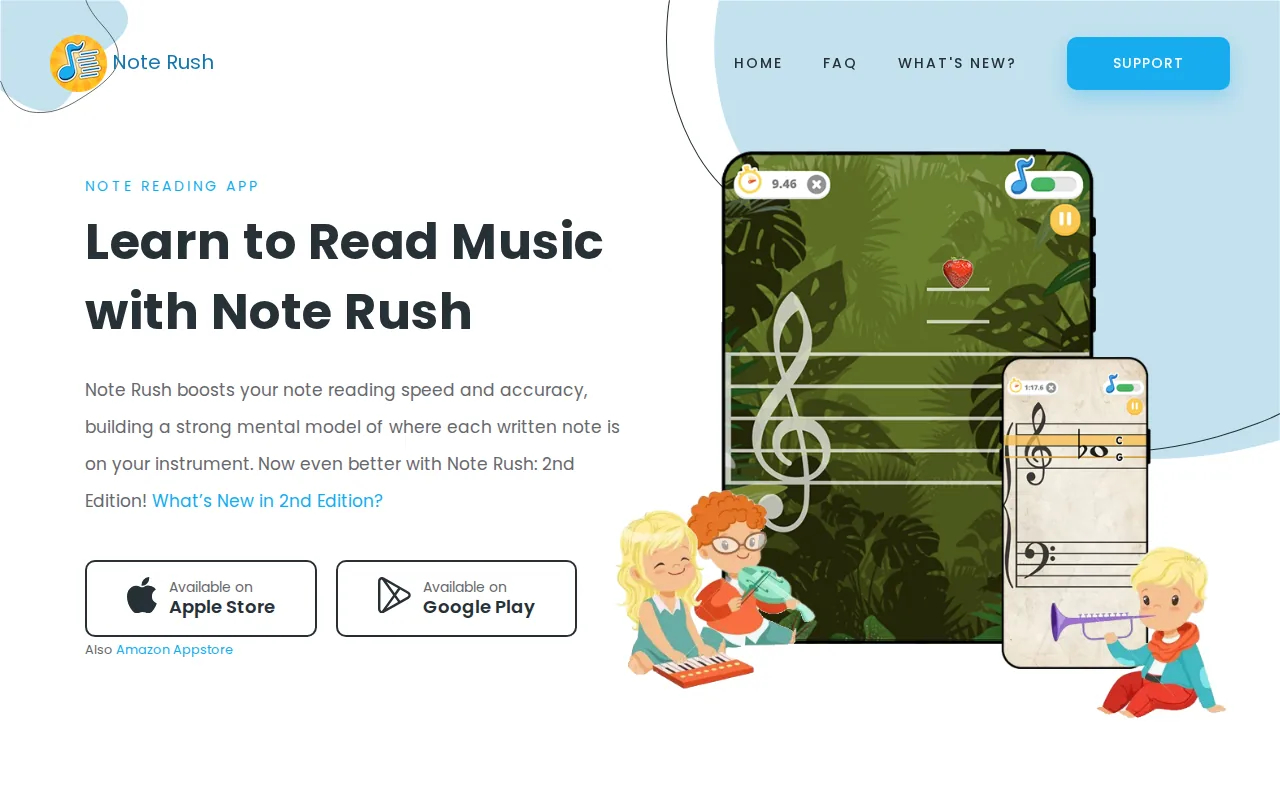 Note Rush's homepage showing the note-reading app on a tablet and phone beside its download options