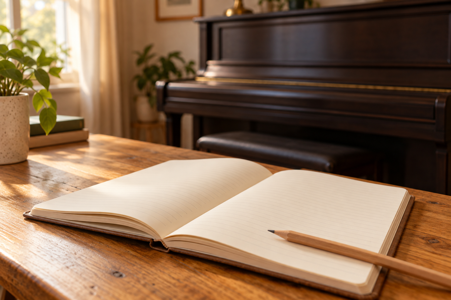 An open cream notebook and pencil on a wooden table beside a closed piano