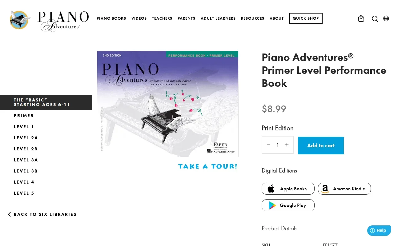 Screenshot of the Faber Piano Adventures Primer Level Performance Book website