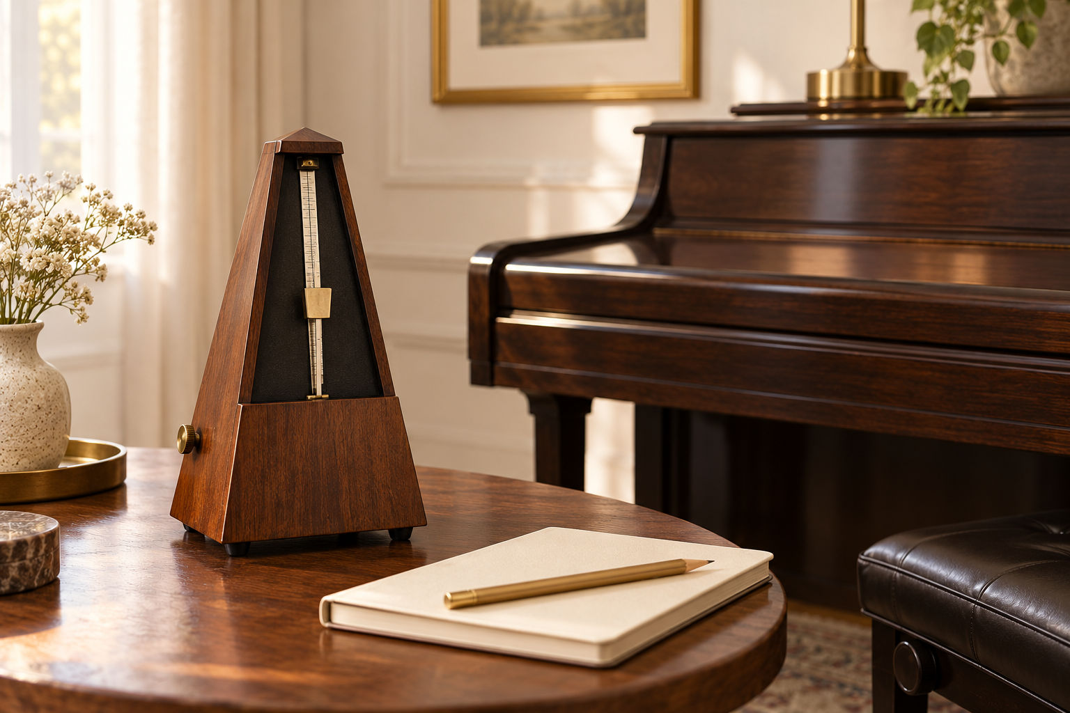 A wooden mechanical metronome and closed cream notebook on a table beside a piano