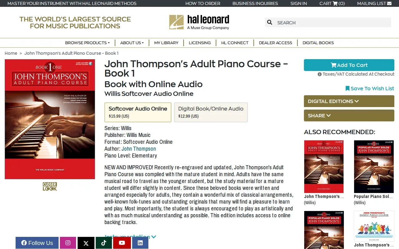 Hal Leonard product page showing John Thompson's Adult Piano Course Book 1 with online audio