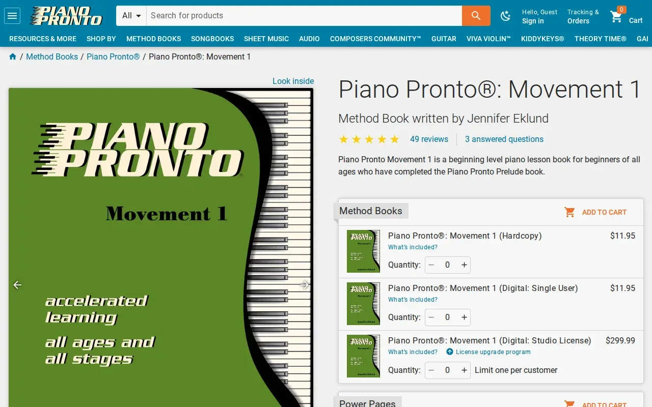 Screenshot of the Movement 1 by Piano Pronto website